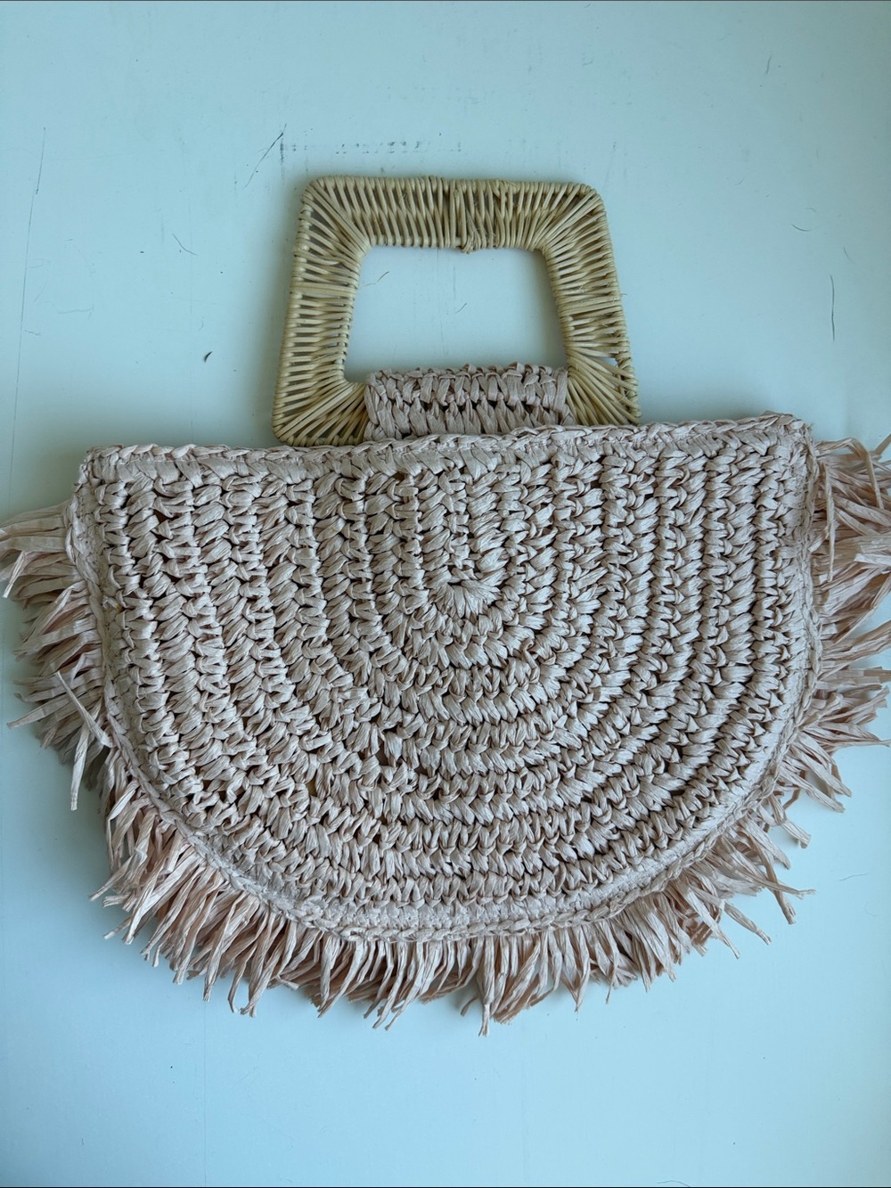 a new day Tan Straw Fringe Half-Moon Tote
